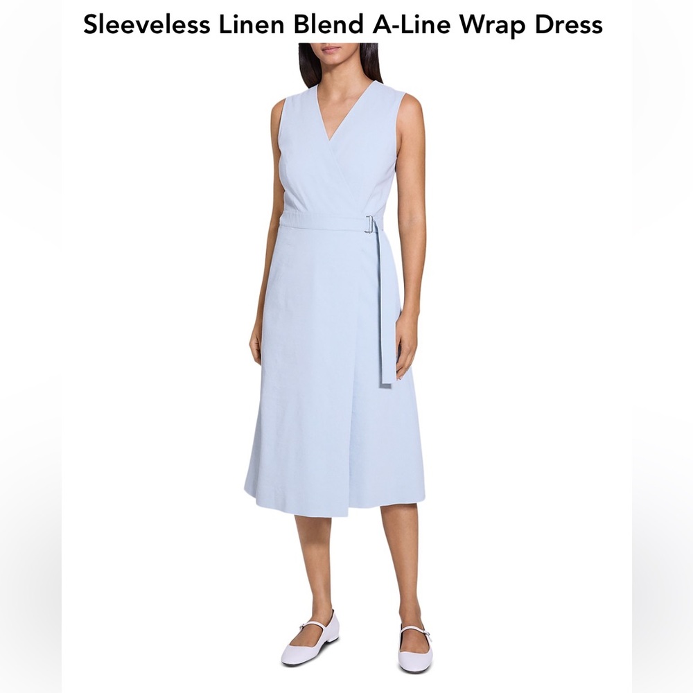 Theory sleeveless linen blend a-line wrap dress Pearl Blue SIZE 0